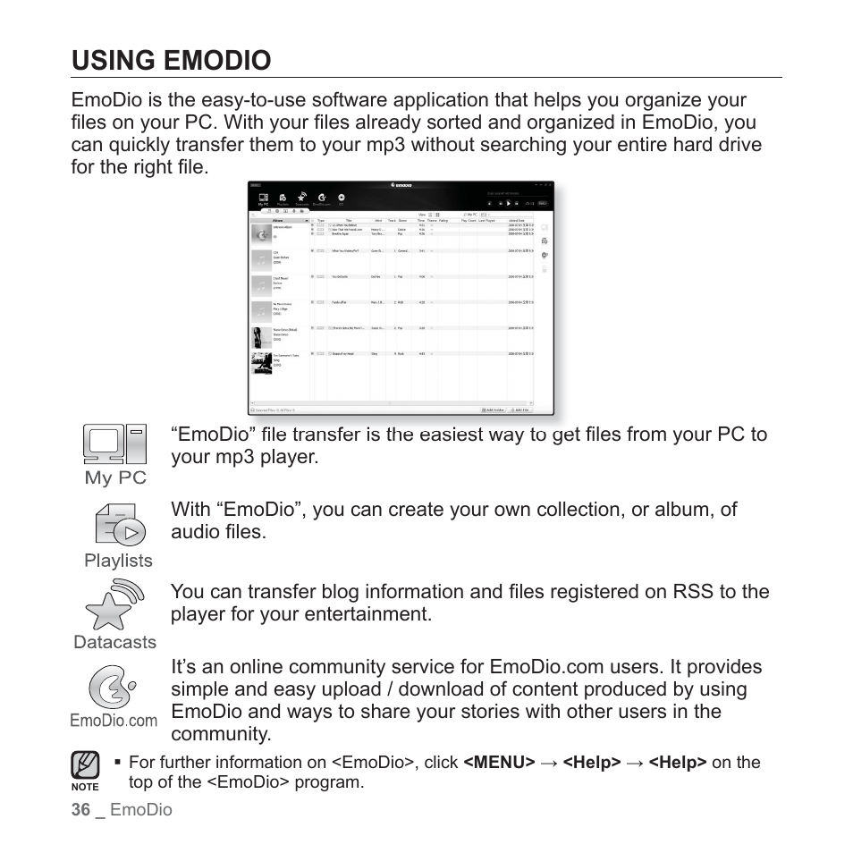 Using emodio | Samsung YP-Q1JCS-XAA User Manual | Page 36 / 100