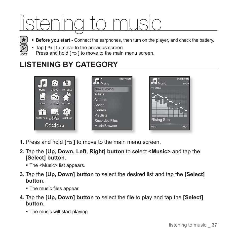 Listening to music, Listening by category | Samsung YP-Q1JCS-XAA User Manual | Page 37 / 100