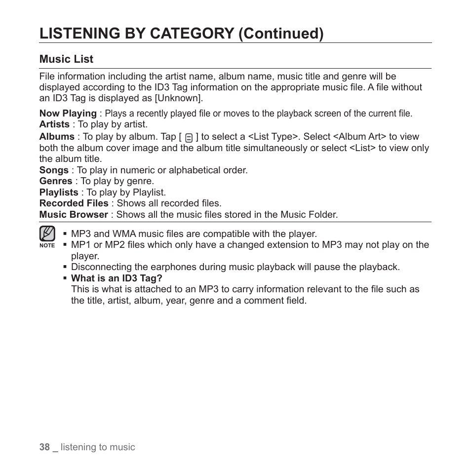 Listening by category (continued) | Samsung YP-Q1JCS-XAA User Manual | Page 38 / 100
