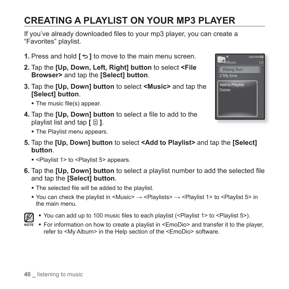 Creating a playlist on your mp3 player | Samsung YP-Q1JCS-XAA User Manual | Page 40 / 100