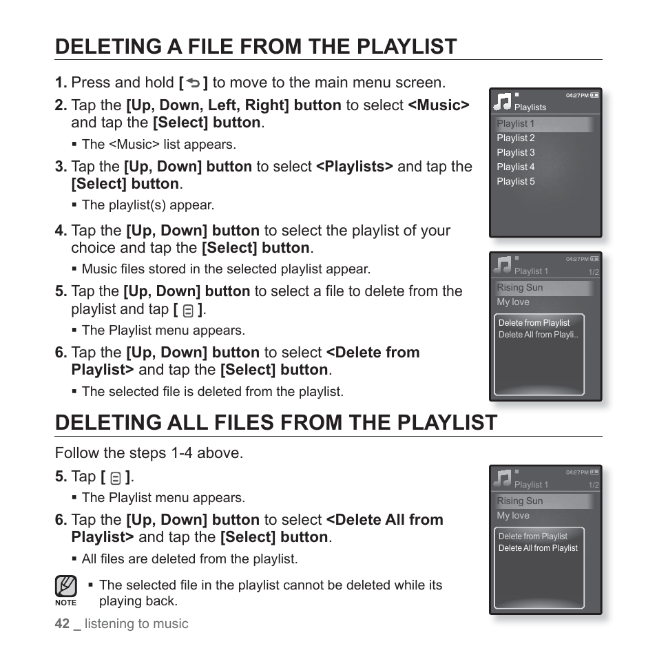 Deleting a file from the playlist, Deleting all files from the playlist | Samsung YP-Q1JCS-XAA User Manual | Page 42 / 100