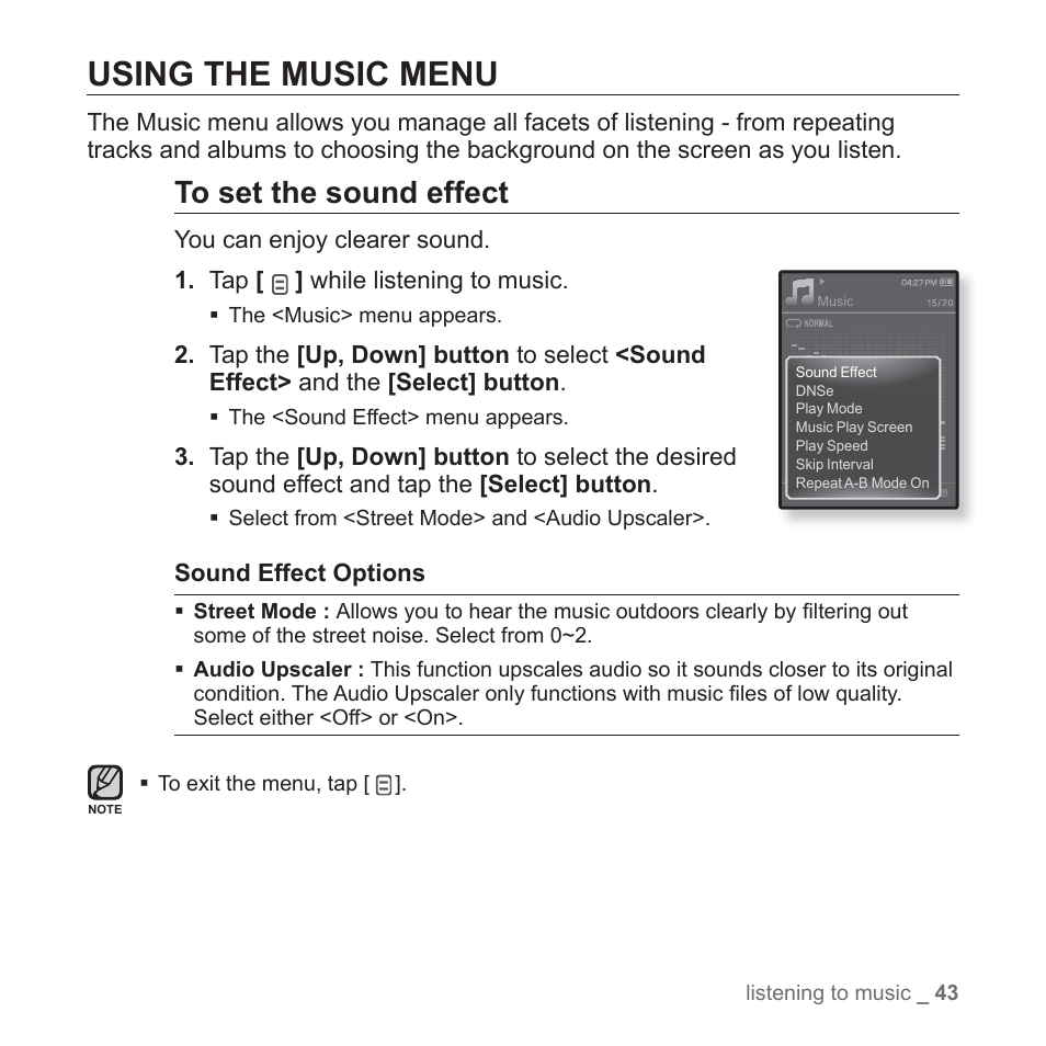 Using the music menu | Samsung YP-Q1JCS-XAA User Manual | Page 43 / 100