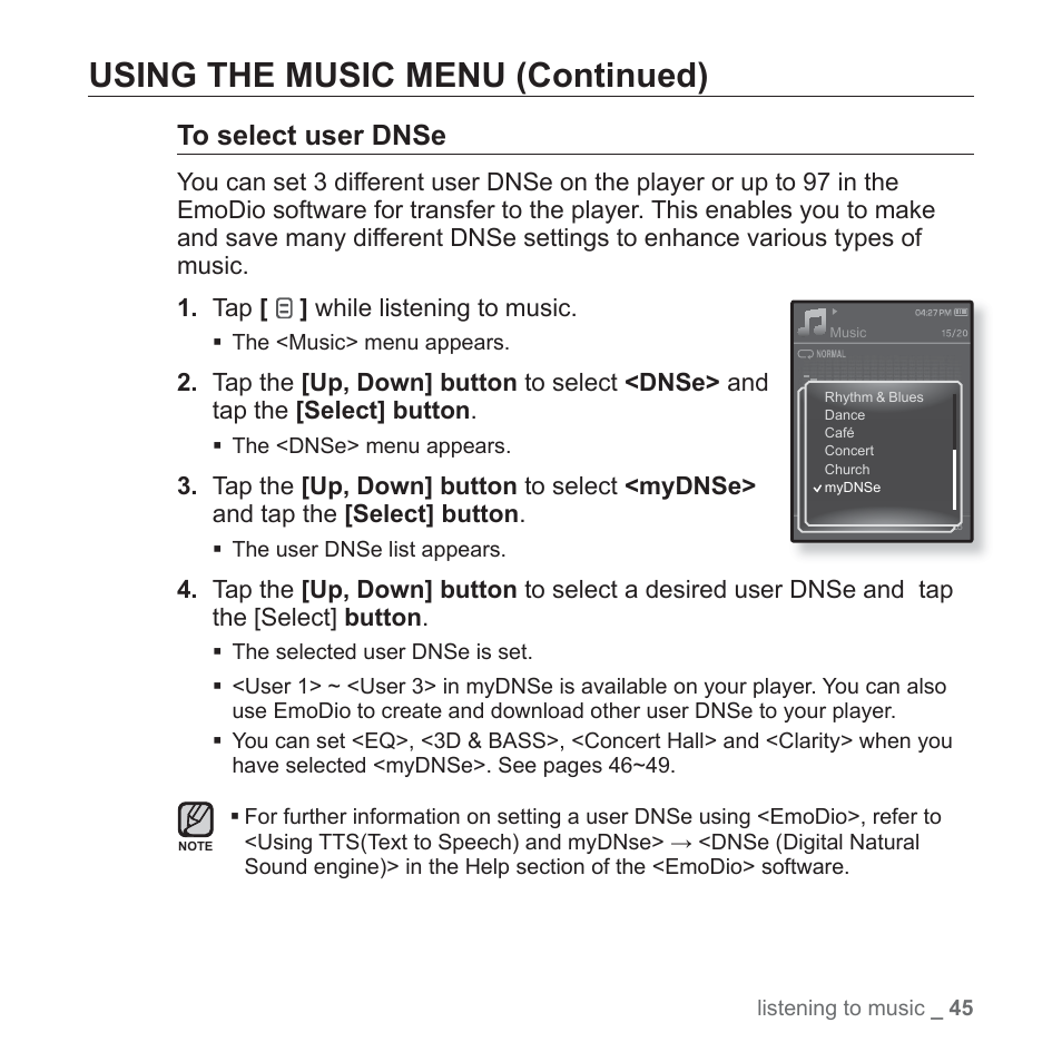 Using the music menu (continued) | Samsung YP-Q1JCS-XAA User Manual | Page 45 / 100