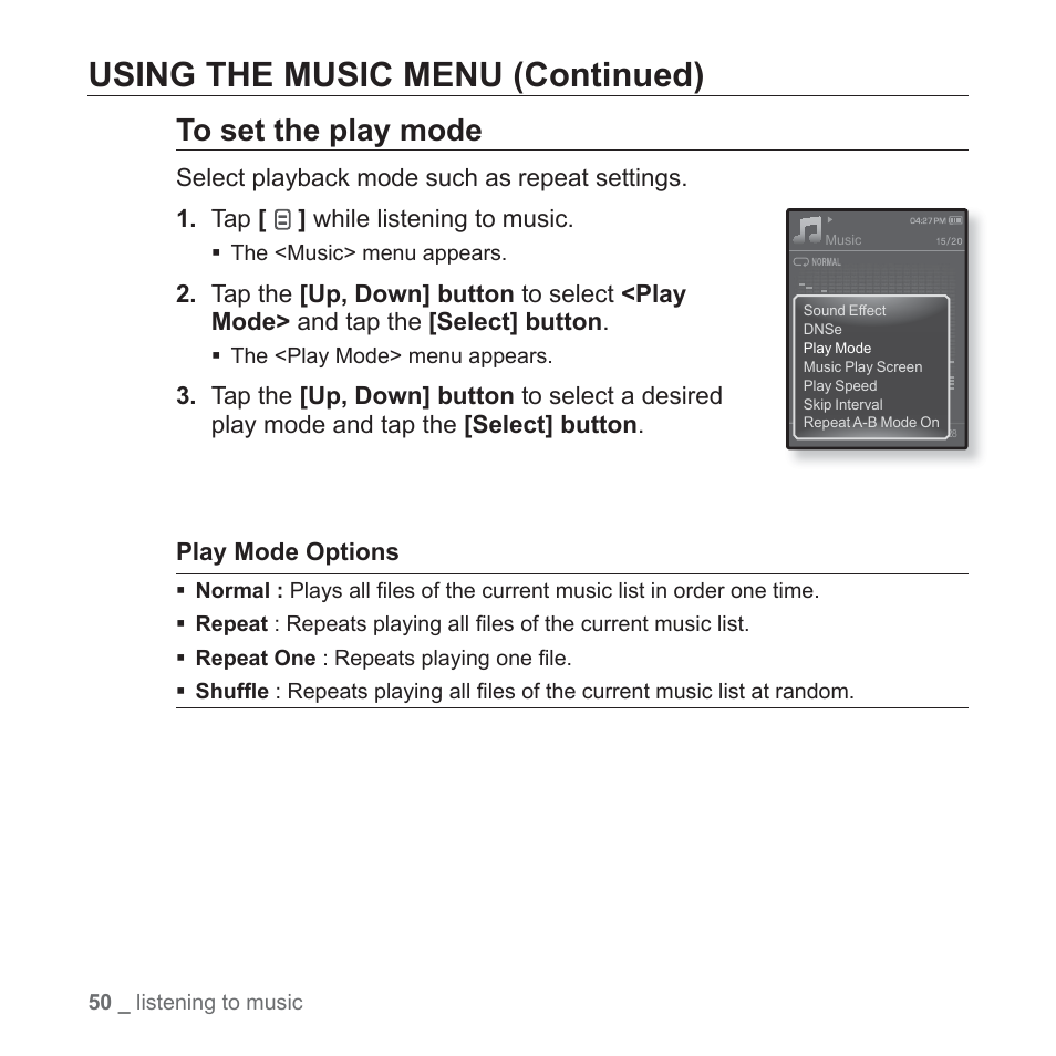 Using the music menu (continued) | Samsung YP-Q1JCS-XAA User Manual | Page 50 / 100