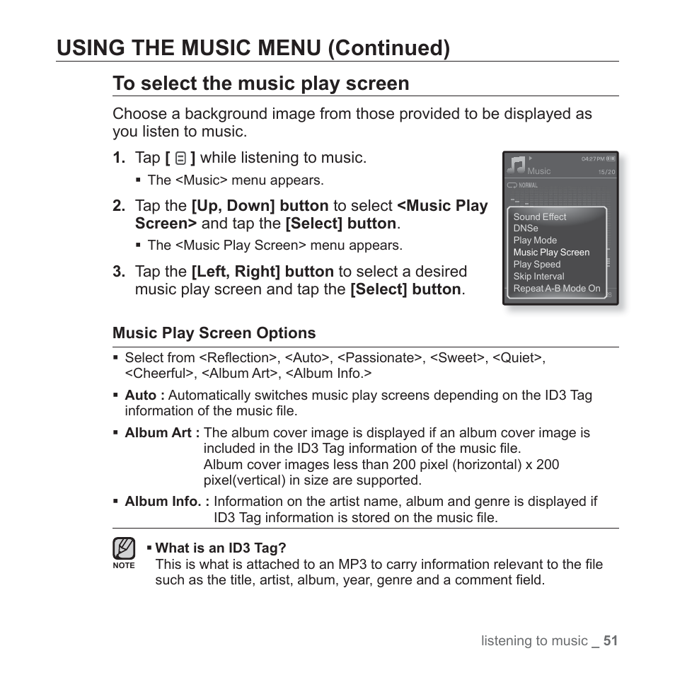 Using the music menu (continued) | Samsung YP-Q1JCS-XAA User Manual | Page 51 / 100