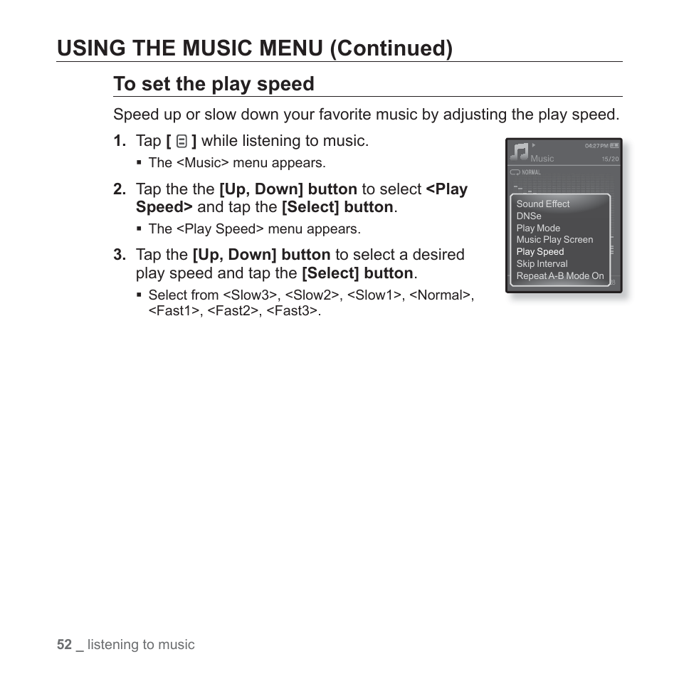 Using the music menu (continued) | Samsung YP-Q1JCS-XAA User Manual | Page 52 / 100