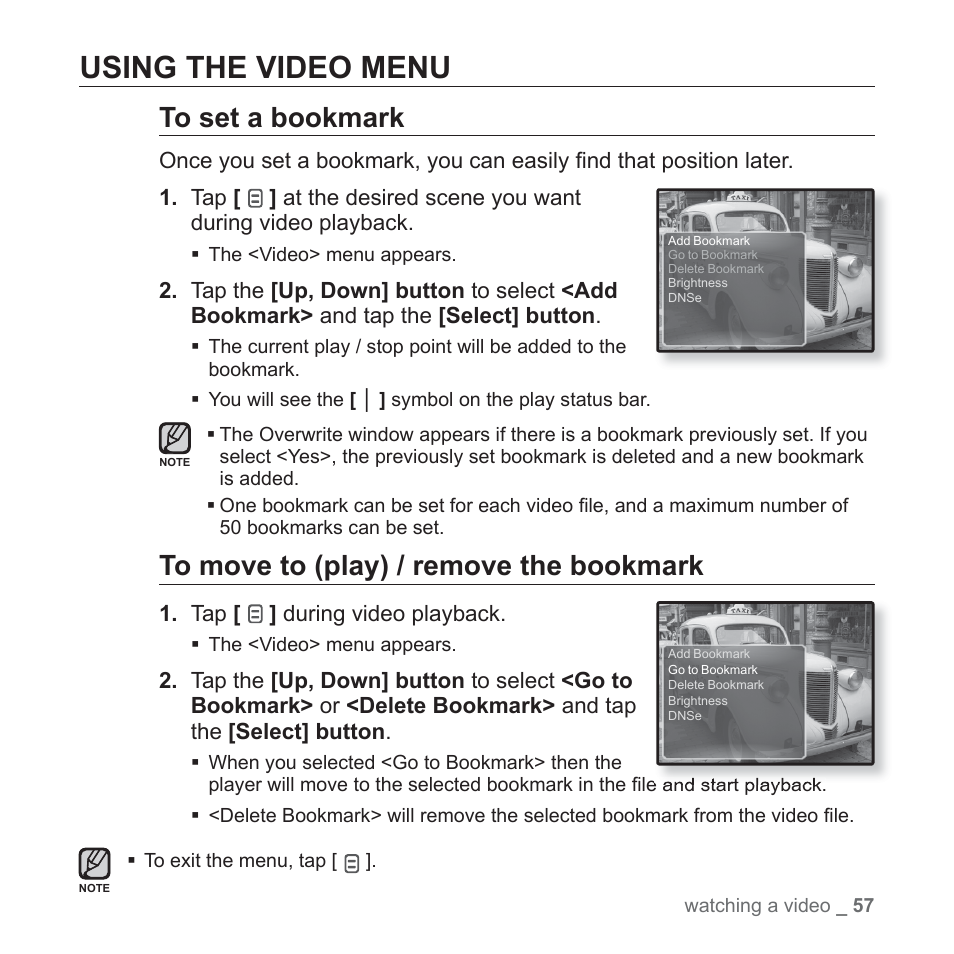 Using the video menu | Samsung YP-Q1JCS-XAA User Manual | Page 57 / 100