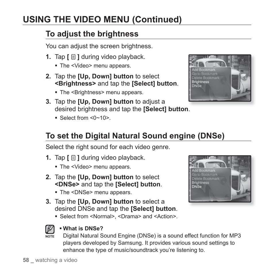Using the video menu (continued) | Samsung YP-Q1JCS-XAA User Manual | Page 58 / 100