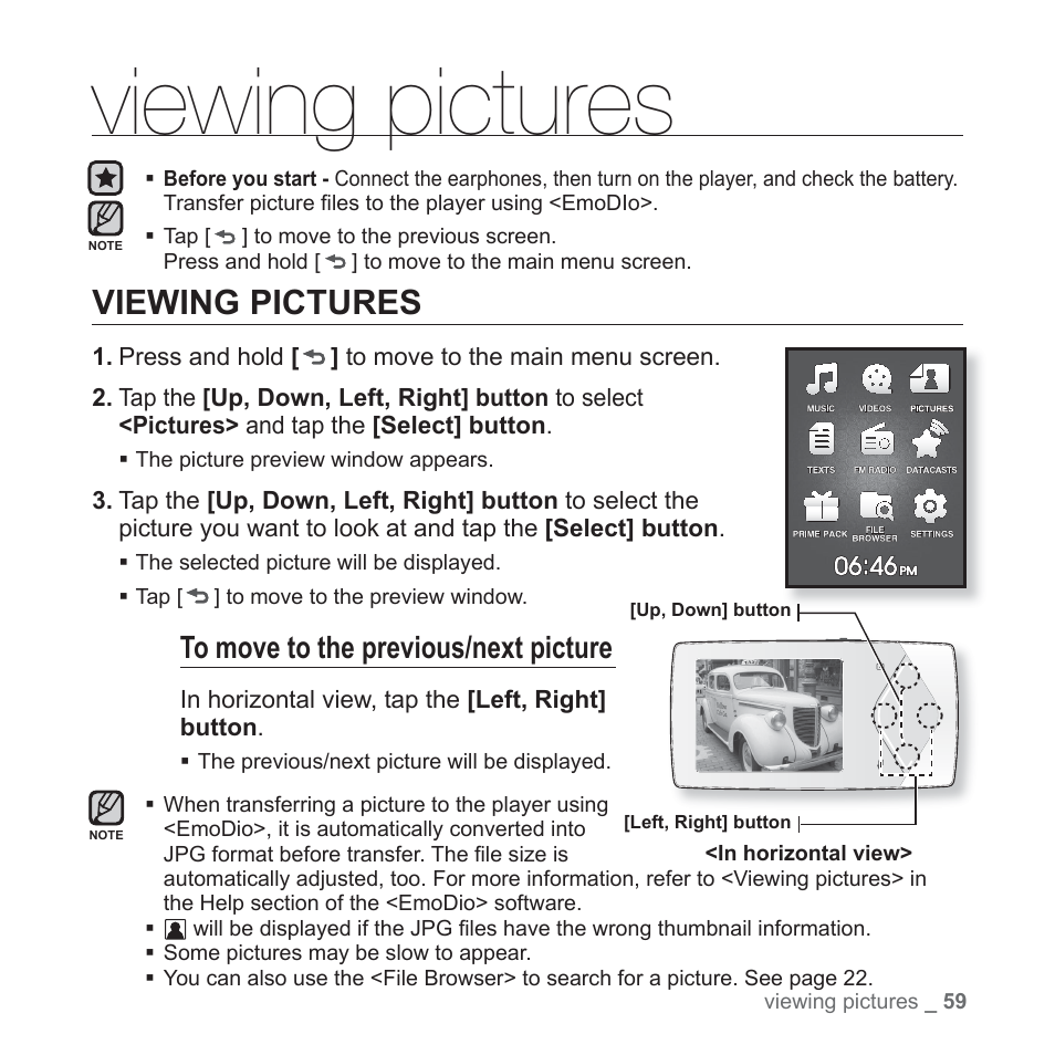 Viewing pictures | Samsung YP-Q1JCS-XAA User Manual | Page 59 / 100
