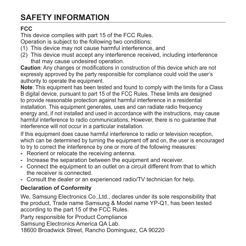 Safety information | Samsung YP-Q1JCS-XAA User Manual | Page 6 / 100