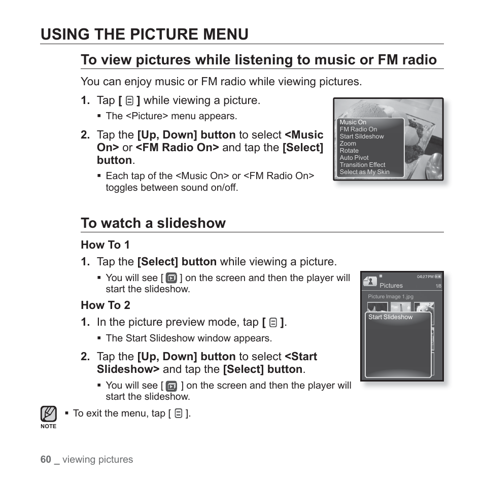 Using the picture menu, How to 2 1. in the picture preview mode, tap | Samsung YP-Q1JCS-XAA User Manual | Page 60 / 100