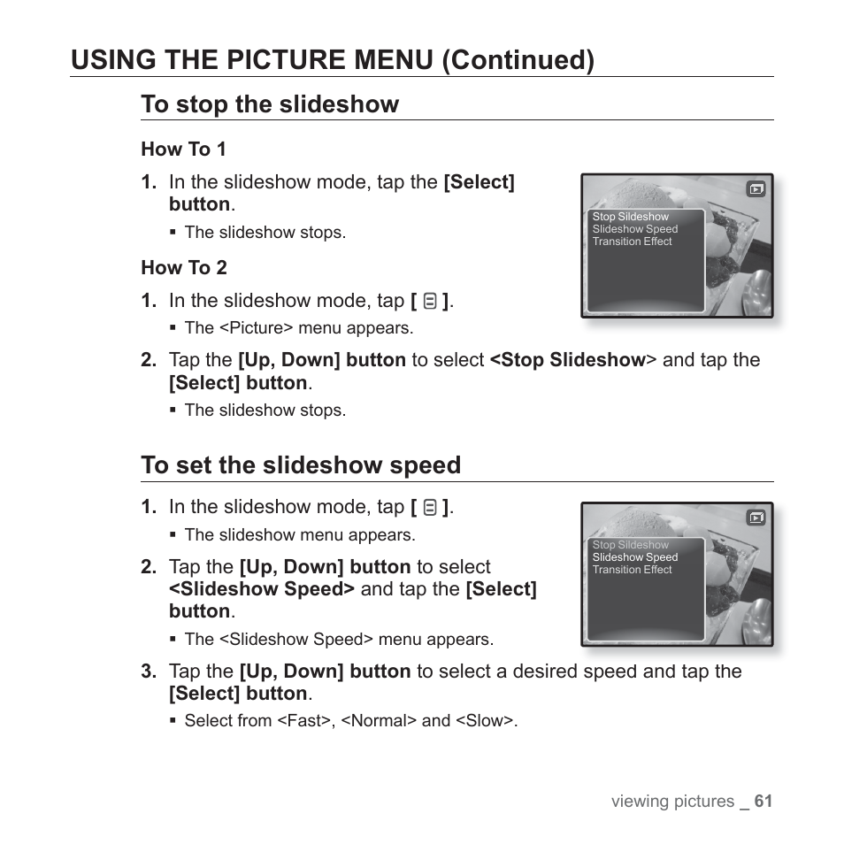 Using the picture menu (continued) | Samsung YP-Q1JCS-XAA User Manual | Page 61 / 100