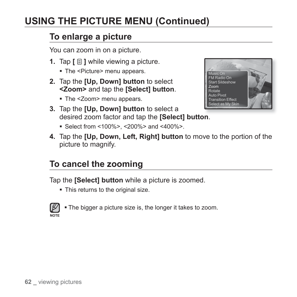 Using the picture menu (continued) | Samsung YP-Q1JCS-XAA User Manual | Page 62 / 100