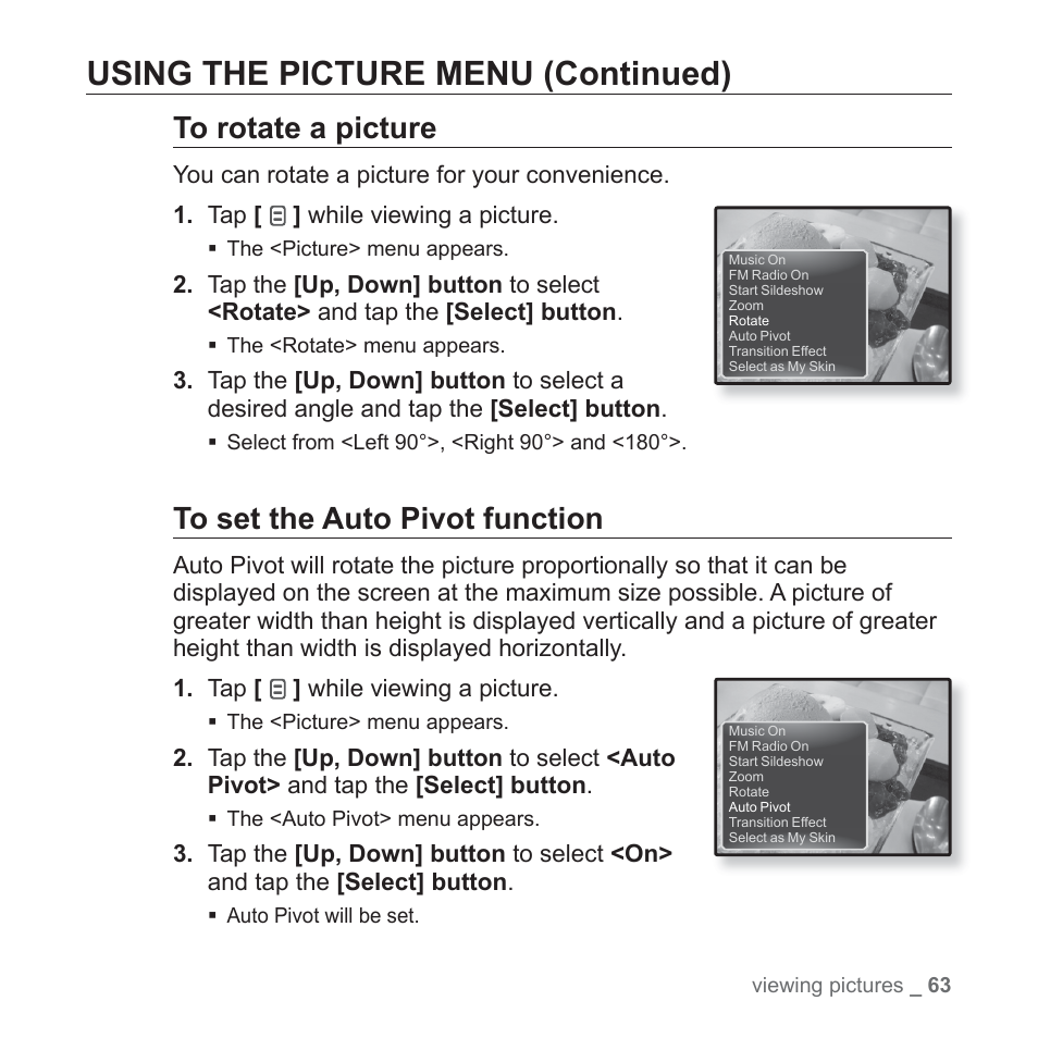 Using the picture menu (continued) | Samsung YP-Q1JCS-XAA User Manual | Page 63 / 100