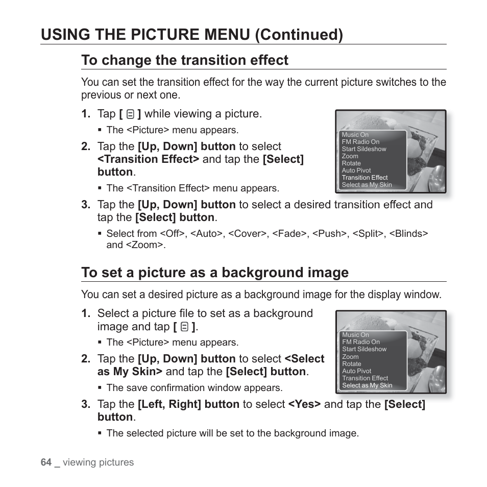 Using the picture menu (continued) | Samsung YP-Q1JCS-XAA User Manual | Page 64 / 100