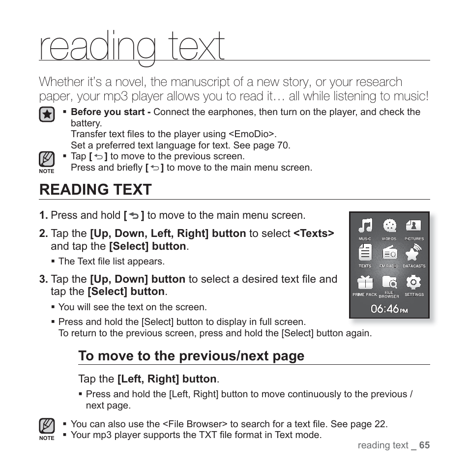 Reading text | Samsung YP-Q1JCS-XAA User Manual | Page 65 / 100