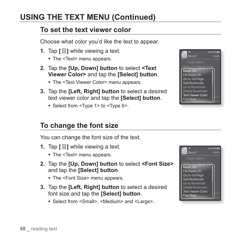 Using the text menu (continued) | Samsung YP-Q1JCS-XAA User Manual | Page 68 / 100