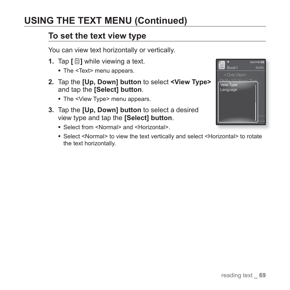 Using the text menu (continued) | Samsung YP-Q1JCS-XAA User Manual | Page 69 / 100