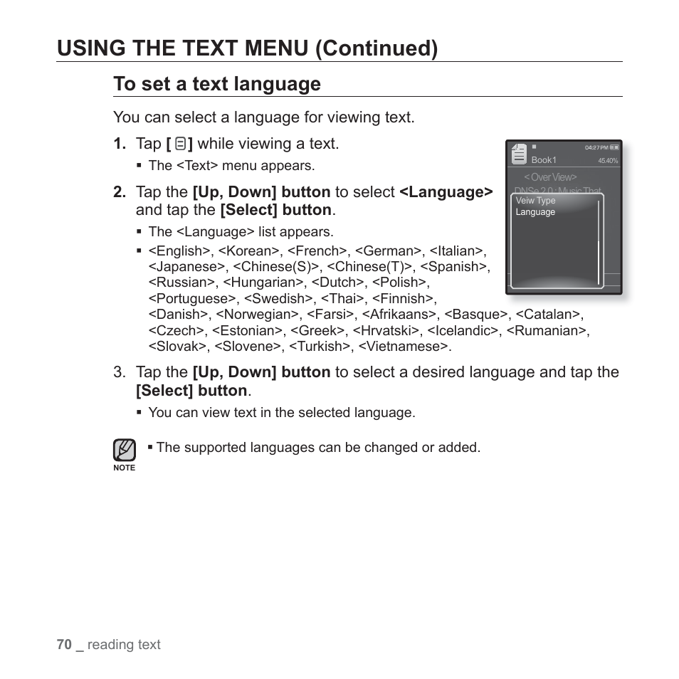 Using the text menu (continued) | Samsung YP-Q1JCS-XAA User Manual | Page 70 / 100