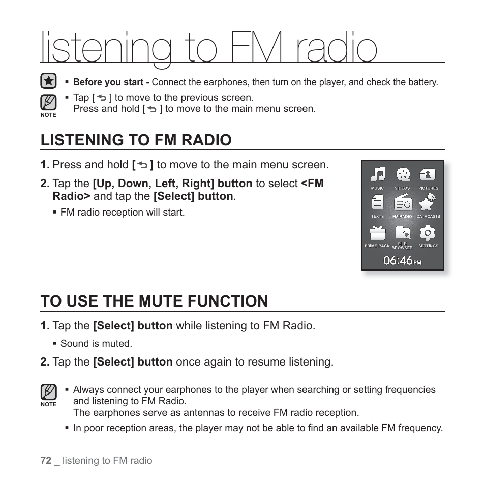 Listening to fm radio, To use the mute function | Samsung YP-Q1JCS-XAA User Manual | Page 72 / 100