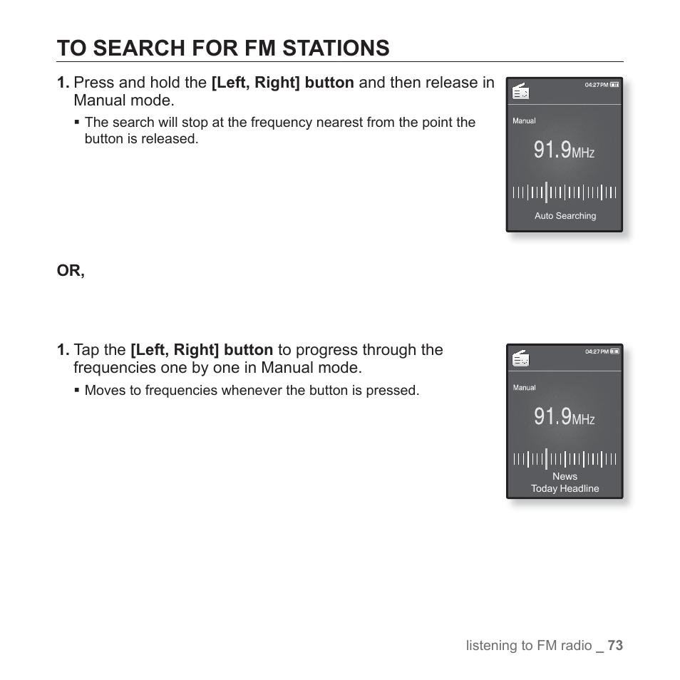 To search for fm stations | Samsung YP-Q1JCS-XAA User Manual | Page 73 / 100