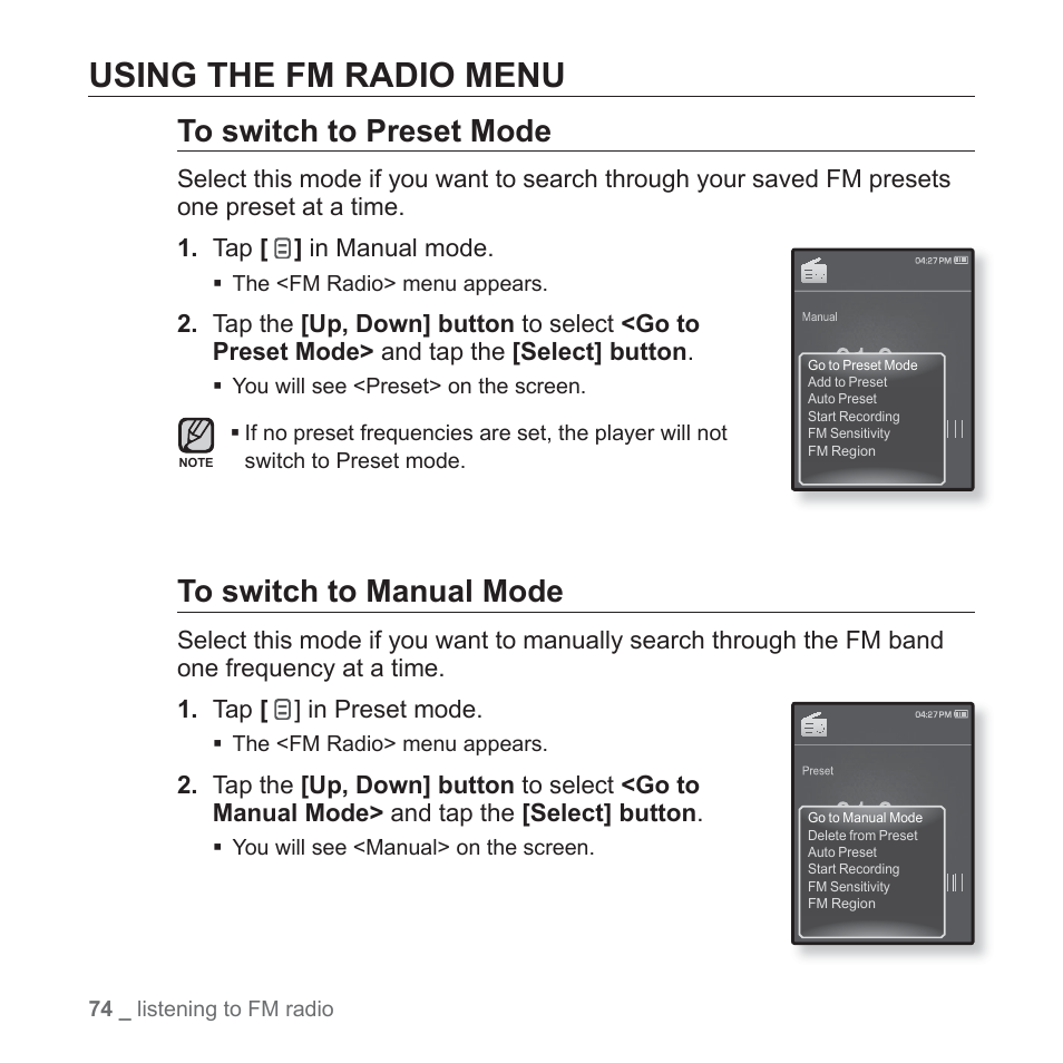 Using the fm radio menu | Samsung YP-Q1JCS-XAA User Manual | Page 74 / 100