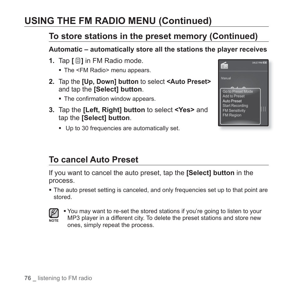 Using the fm radio menu (continued) | Samsung YP-Q1JCS-XAA User Manual | Page 76 / 100