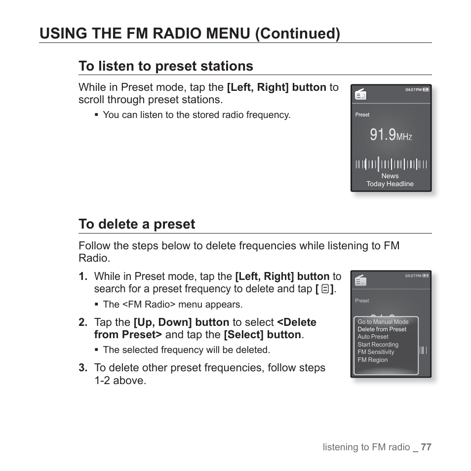 Using the fm radio menu (continued) | Samsung YP-Q1JCS-XAA User Manual | Page 77 / 100