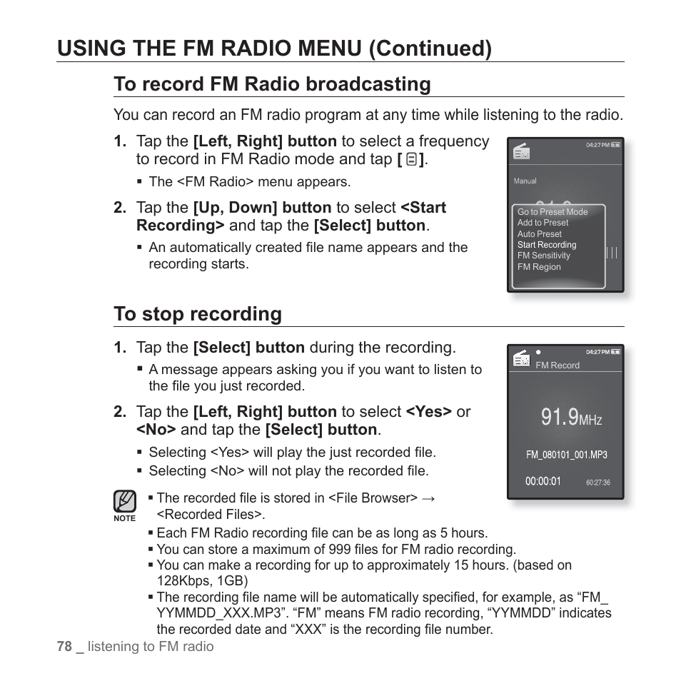 Using the fm radio menu (continued) | Samsung YP-Q1JCS-XAA User Manual | Page 78 / 100