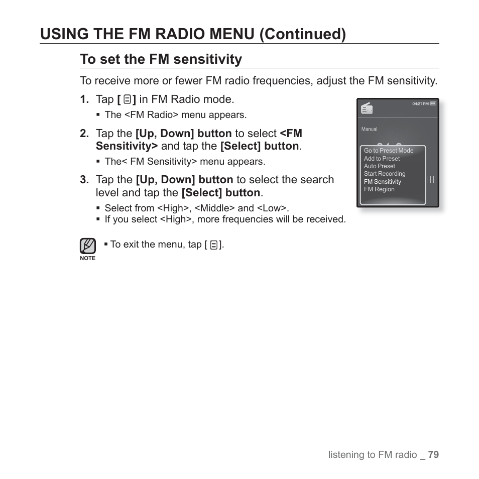 Using the fm radio menu (continued) | Samsung YP-Q1JCS-XAA User Manual | Page 79 / 100