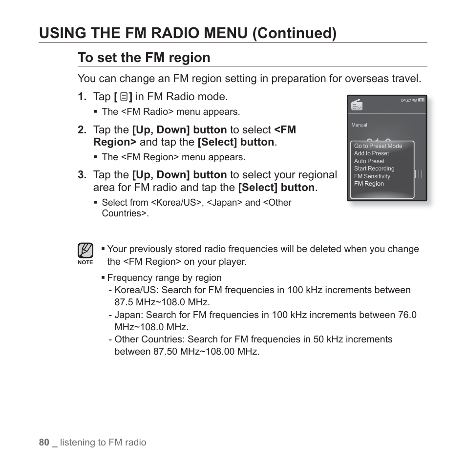 Using the fm radio menu (continued) | Samsung YP-Q1JCS-XAA User Manual | Page 80 / 100