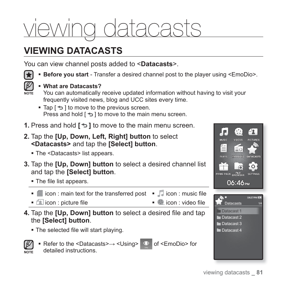 Viewing datacasts | Samsung YP-Q1JCS-XAA User Manual | Page 81 / 100