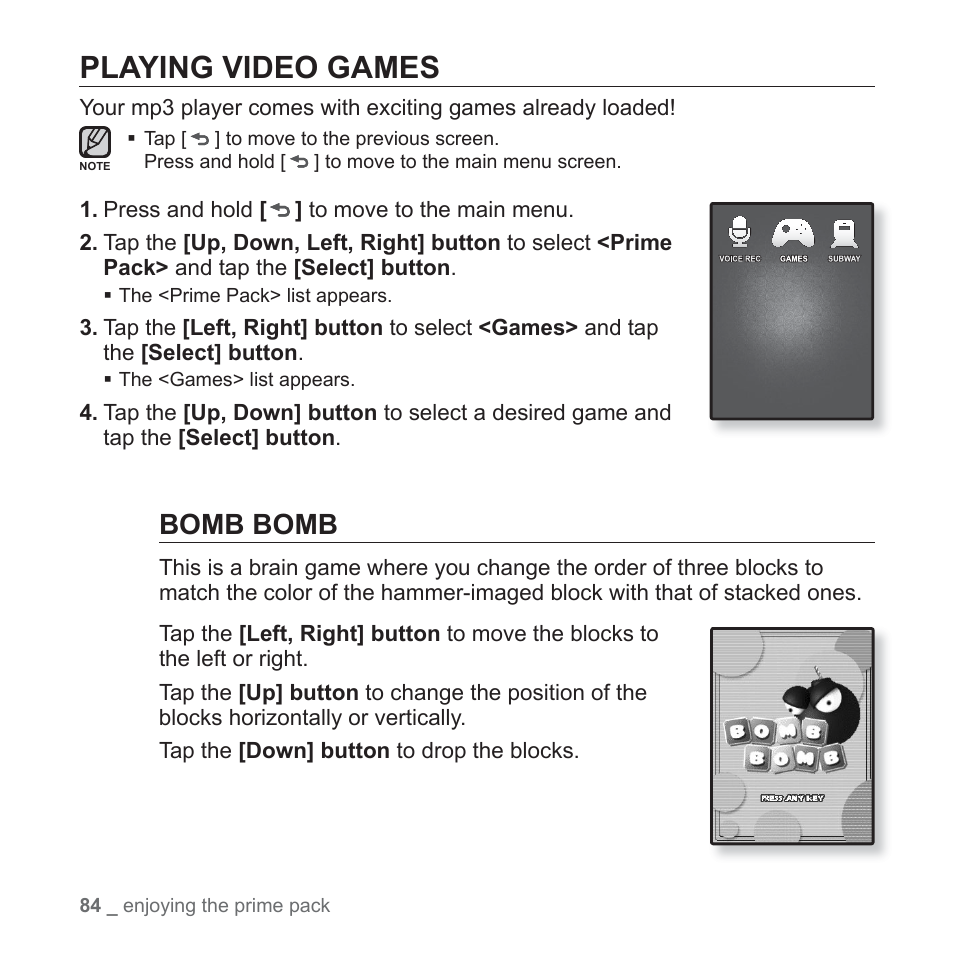 Playing video games, Bomb bomb | Samsung YP-Q1JCS-XAA User Manual | Page 84 / 100