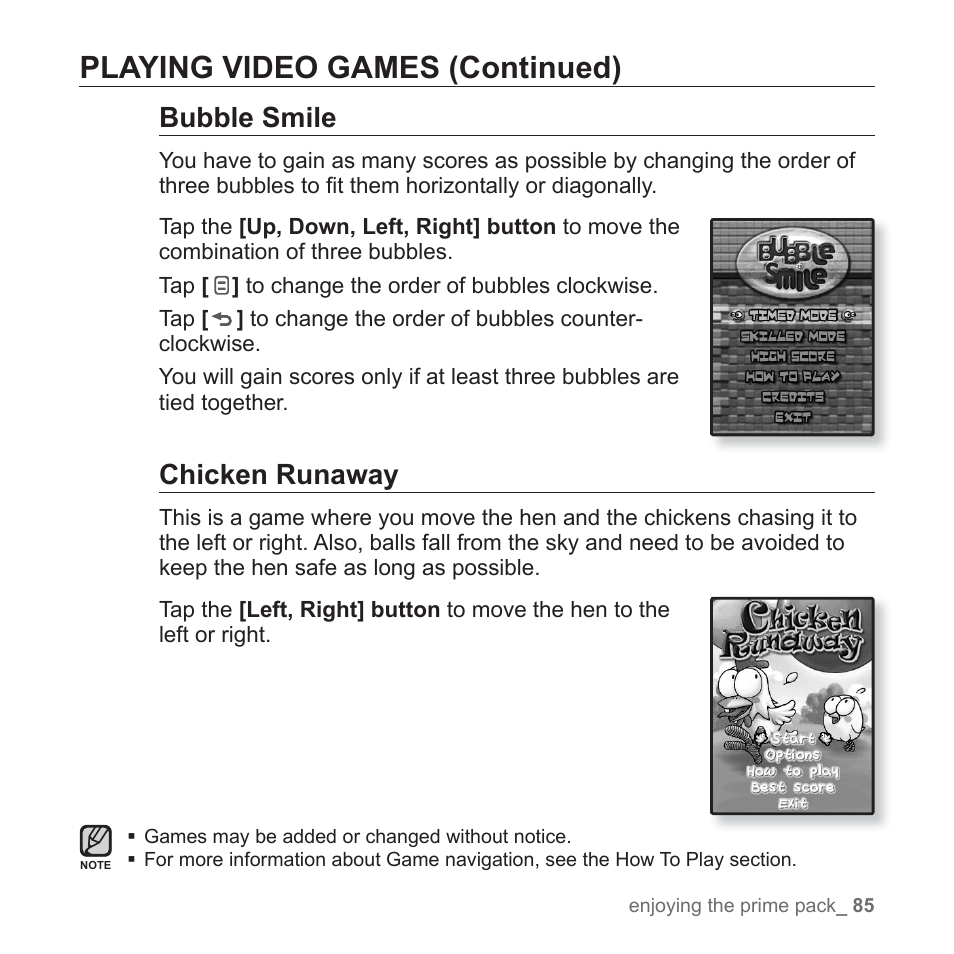 Playing video games (continued), Bubble smile, Chicken runaway | Samsung YP-Q1JCS-XAA User Manual | Page 85 / 100