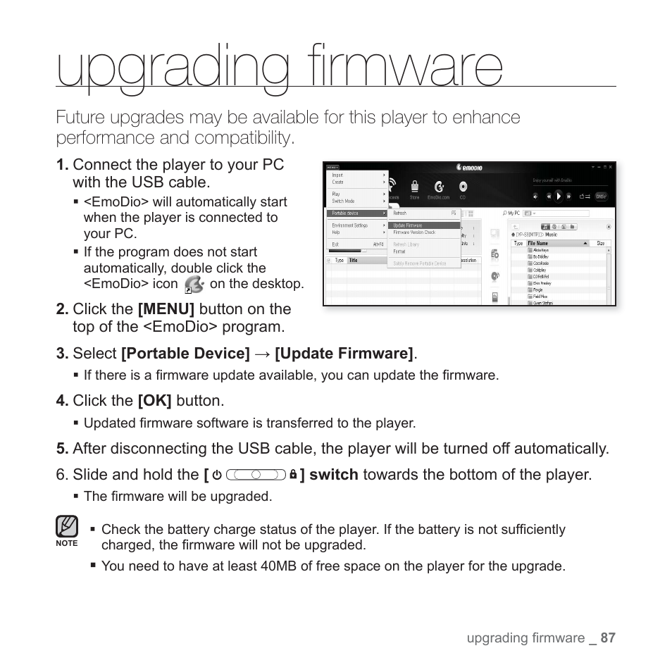 Upgrading firmware, Upgrading ﬁ rmware | Samsung YP-Q1JCS-XAA User Manual | Page 87 / 100