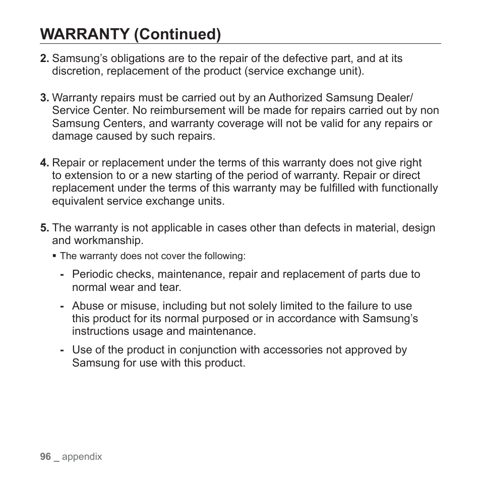 Warranty (continued) | Samsung YP-Q1JCS-XAA User Manual | Page 96 / 100