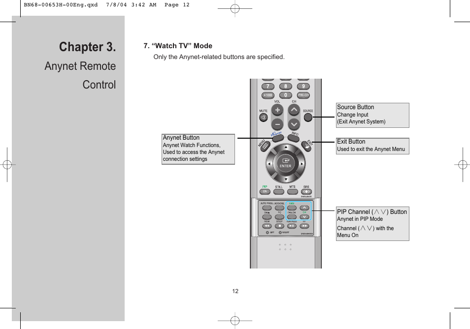 “watch tv” mode, Chapter 3, Anynet remote control | Samsung LTP326WX-XAC User Manual | Page 13 / 56
