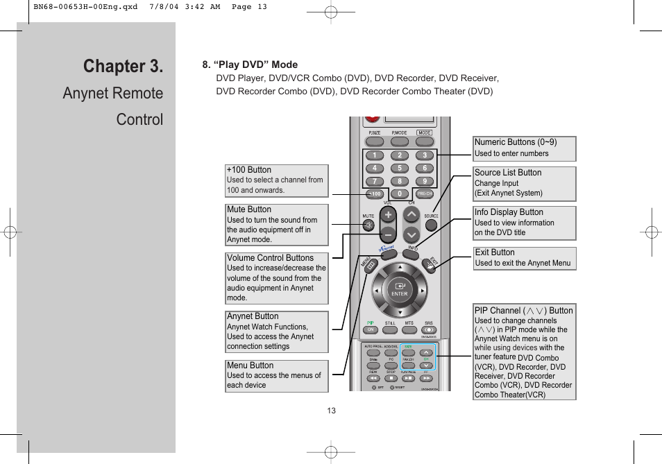 “play dvd” mode, Chapter 3, Anynet remote control | Samsung LTP326WX-XAC User Manual | Page 14 / 56