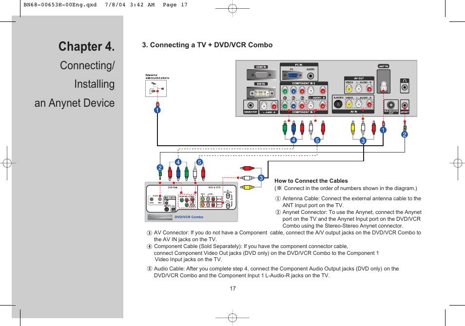 Connecting a tv + dvd/vcr combo, Chapter 4, Connecting/ installing an anynet device | Samsung LTP326WX-XAC User Manual | Page 18 / 56