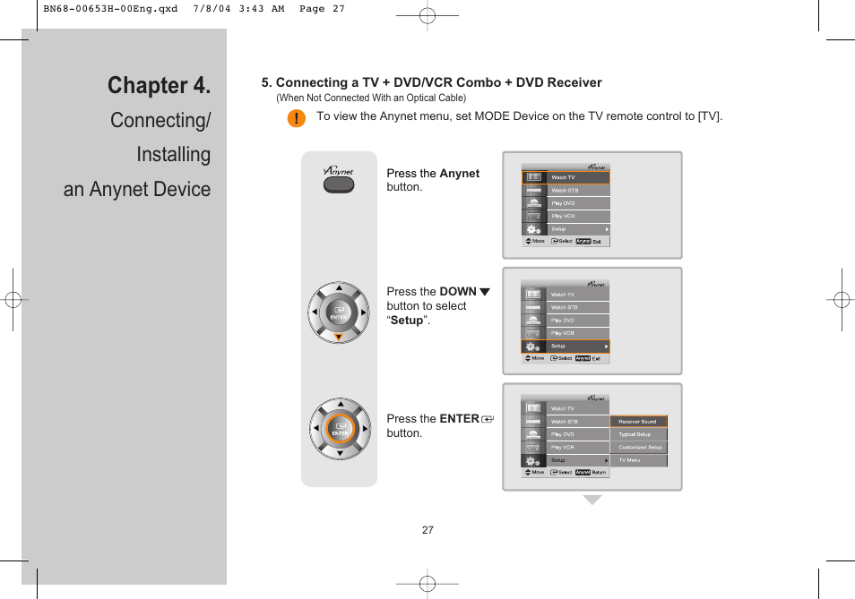 Chapter 4, Connecting/ installing an anynet device | Samsung LTP326WX-XAC User Manual | Page 28 / 56