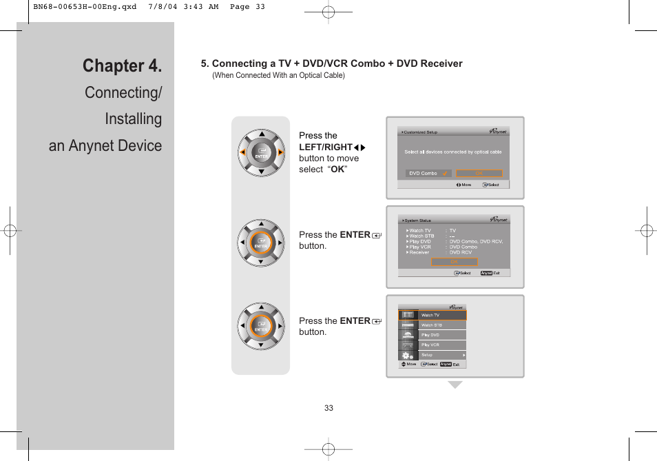 Chapter 4, Connecting/ installing an anynet device | Samsung LTP326WX-XAC User Manual | Page 34 / 56