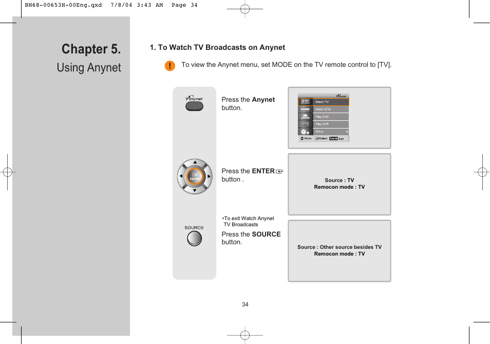 Chapter 5. using anynet, To watch tv broadcasts on anynet, Chapter 5 | Using anynet | Samsung LTP326WX-XAC User Manual | Page 35 / 56