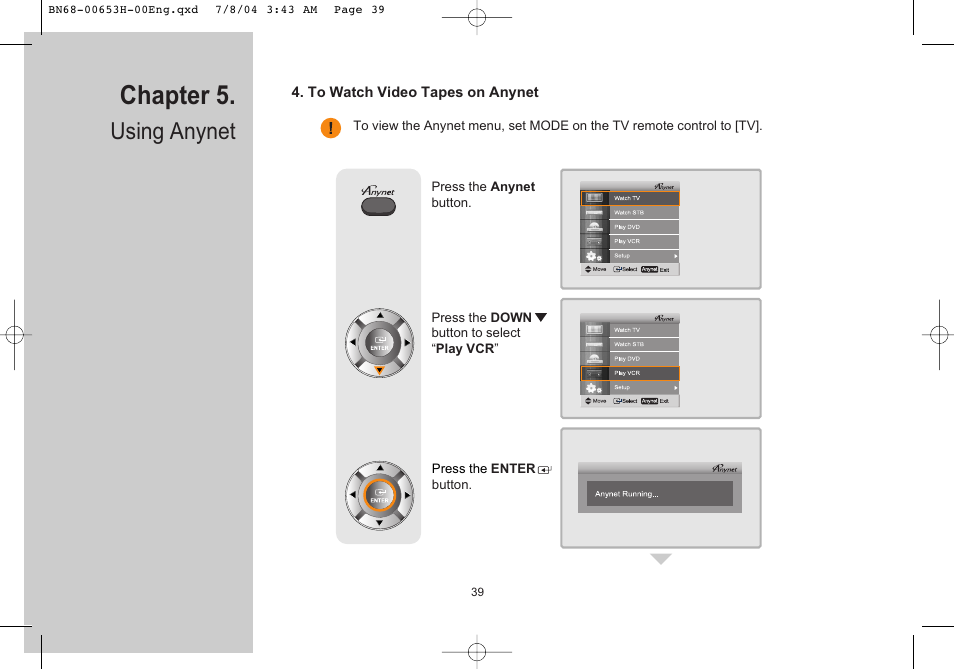 To watch video tapes on anynet, Chapter 5, Using anynet | Samsung LTP326WX-XAC User Manual | Page 40 / 56