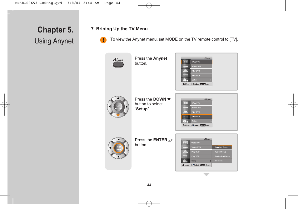 Brining up the tv menu, Chapter 5, Using anynet | Samsung LTP326WX-XAC User Manual | Page 45 / 56