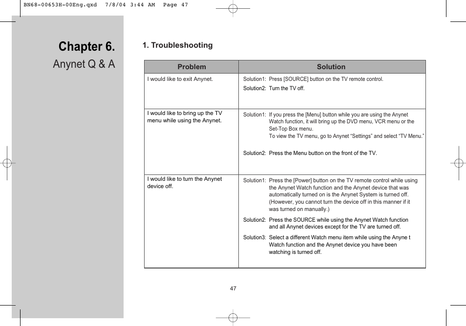 Chapter 6, Anynet q & a, Troubleshooting | Samsung LTP326WX-XAC User Manual | Page 48 / 56