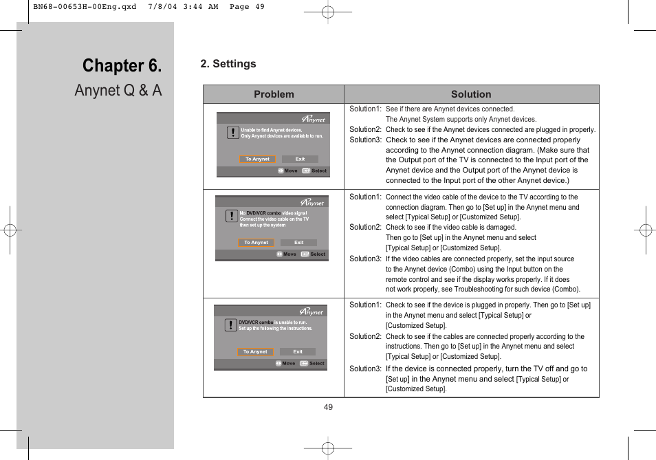 Settings, Chapter 6, Anynet q & a | Samsung LTP326WX-XAC User Manual | Page 50 / 56