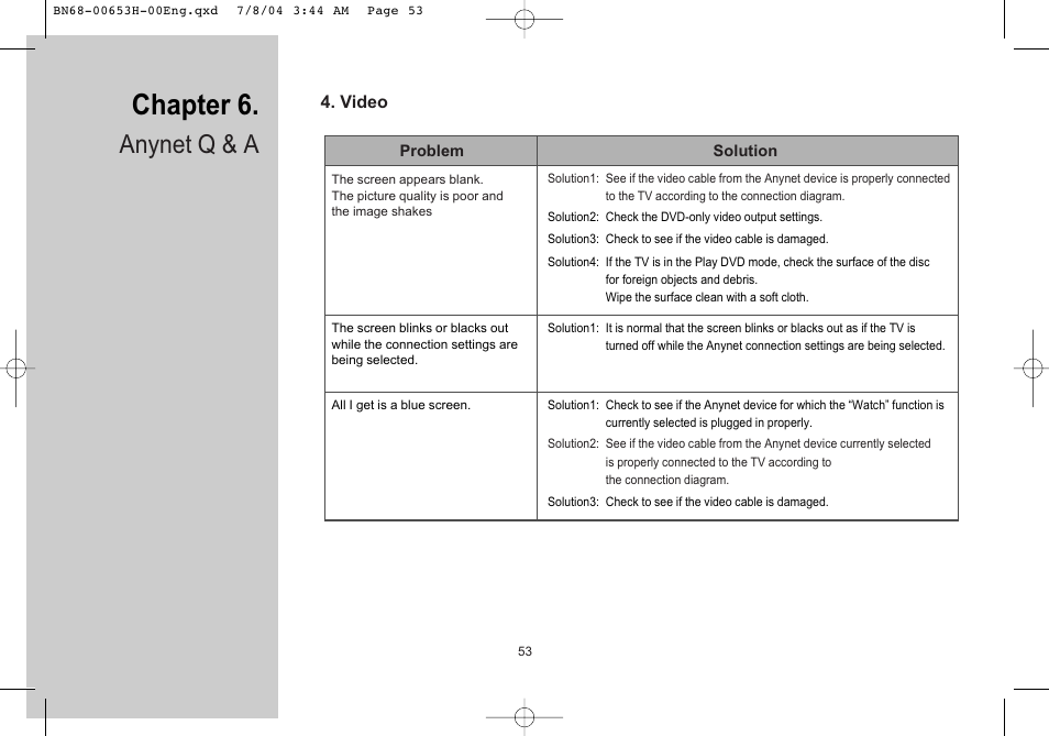Video, Chapter 6, Anynet q & a | Samsung LTP326WX-XAC User Manual | Page 54 / 56