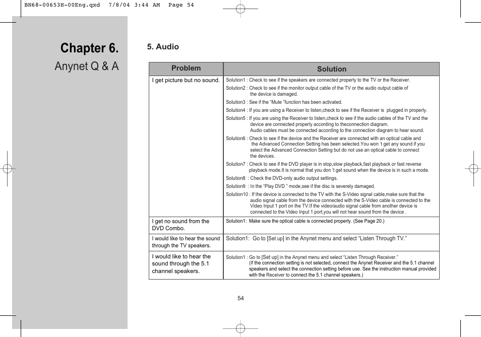 Audio, Chapter 6, Anynet q & a | Samsung LTP326WX-XAC User Manual | Page 55 / 56