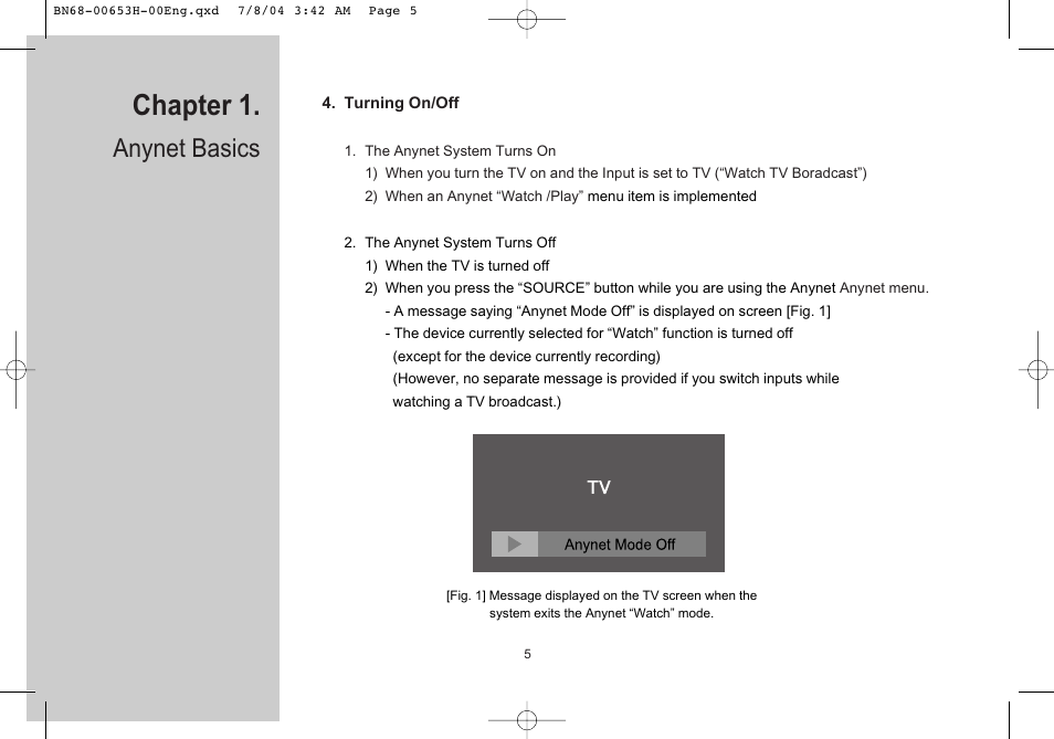 Turning on/off, Chapter 1, Anynet basics | Samsung LTP326WX-XAC User Manual | Page 6 / 56