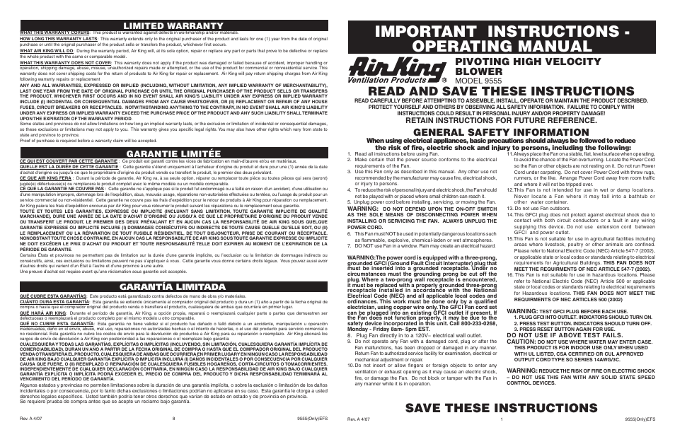 Air King 9555 User Manual | 4 pages